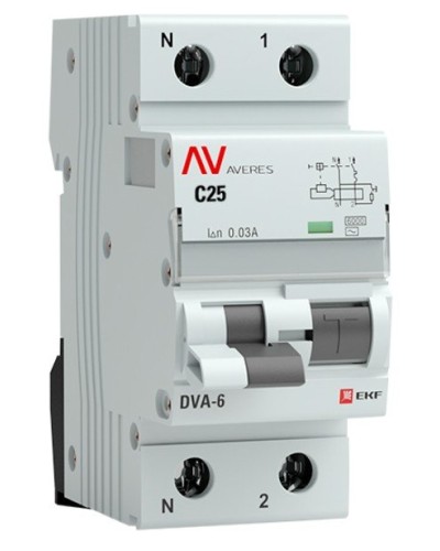 DVA-6 1P+N 25А (C) 30мА (AC) 6кА  AVERES (rcbo6-1pn-25C-30-ac-av). Автоматический выключатель дифференциального тока. EKF в Грозном