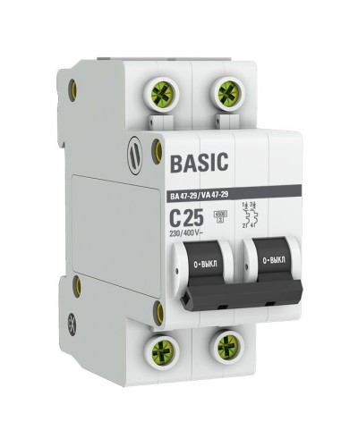 Автоматический выключатель 2P 25А (C) 4,5кА ВА 47-29 Basic (mcb4729-2-25C). Автоматический выключатель. EKF в Грозном