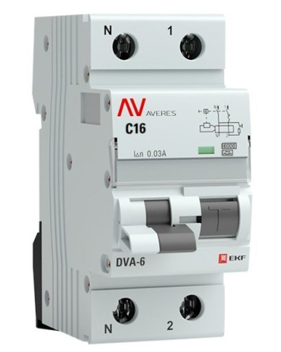 DVA-6 1P+N 16А (C) 30мА (A) 6кА  AVERES (rcbo6-1pn-16C-30-a-av). Автоматический выключатель дифференциального тока. EKF в Грозном
