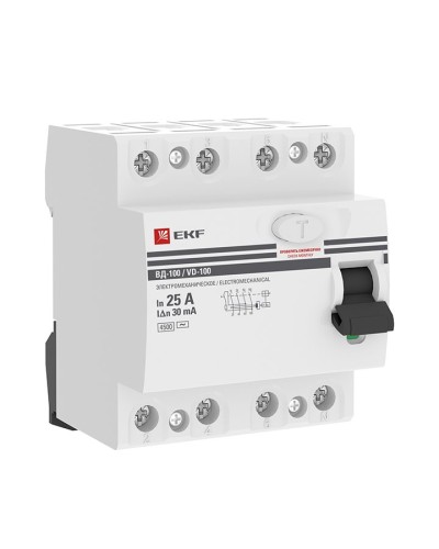 УЗО ВД-100 4P 25А 30мА тип AC эл-мех  PROxima (elcb-4-25-30-em-pro). Выключатель дифференциального тока (УЗО). EKF в Грозном